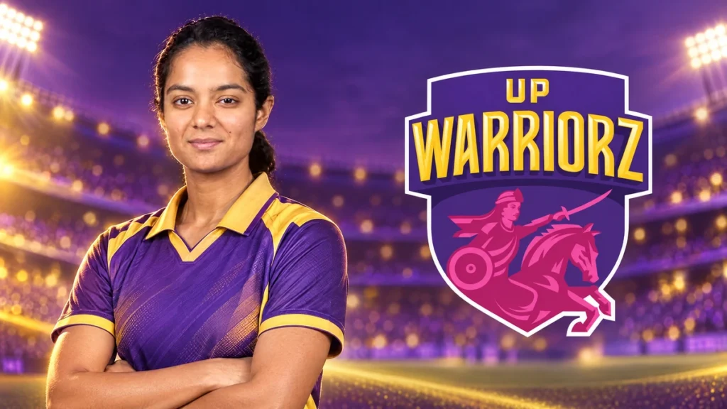 Pratika Rawal WPL Team, Salary, Career Stats and Records Pratika Rawal on the left with the UP Warriorz logo against a team-colour cricket background.