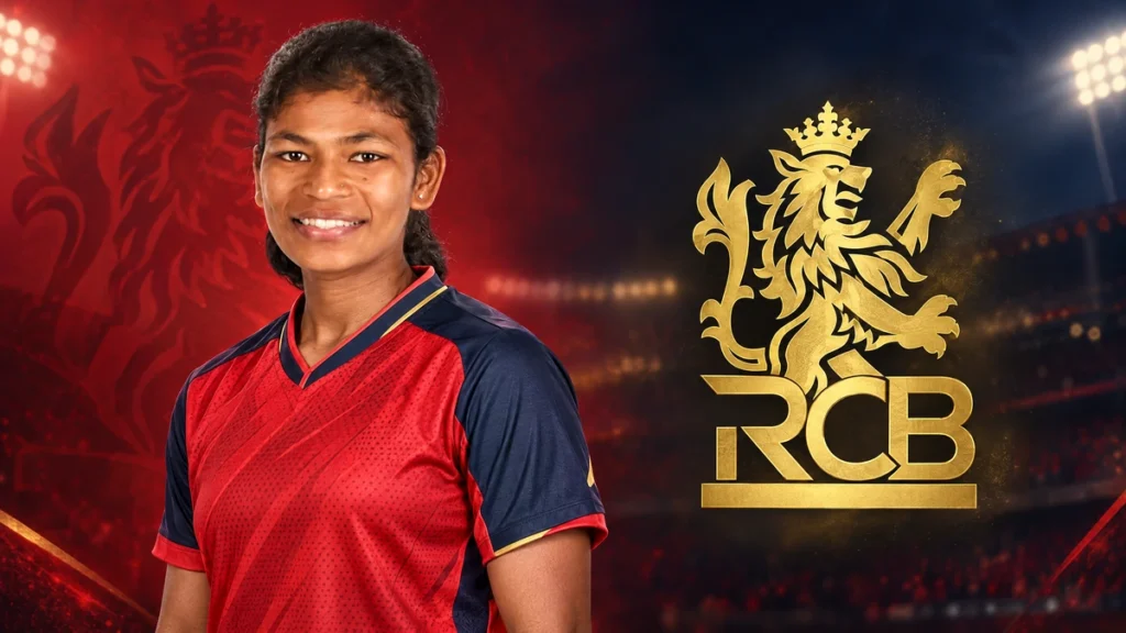 Prema Rawat on the left with the Royal Challengers Bengaluru Women logo on a team-colour background.