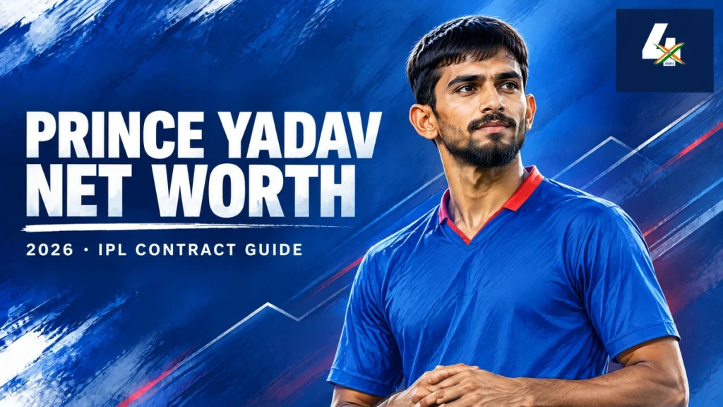 AI-generated editorial illustration of Prince Yadav for a net-worth and IPL contract guide.
