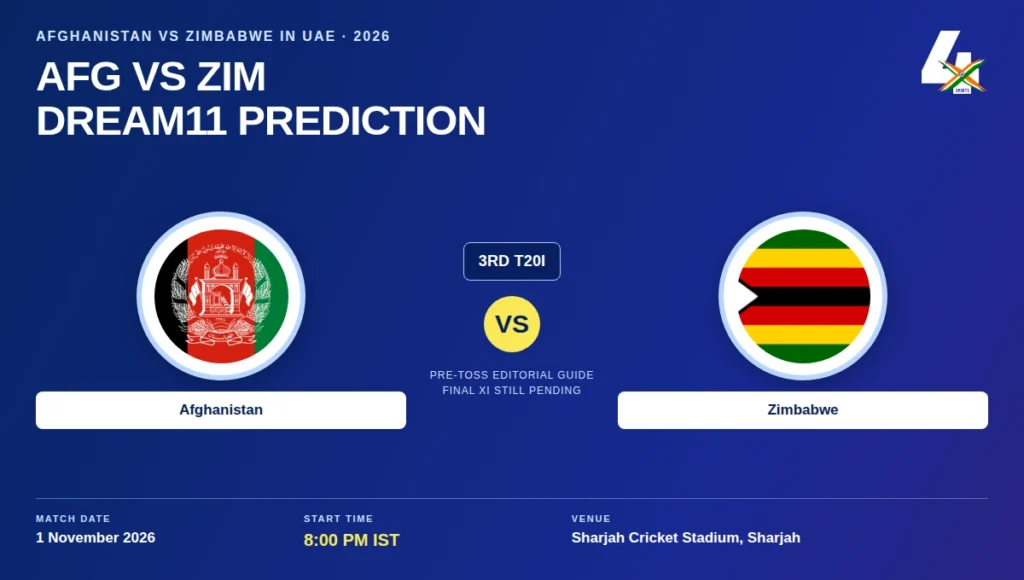 AFG vs ZIM Dream11 Prediction Today Match 3rd T20I: Playing XI, Pitch Report, Fantasy Cricket Tips, Dream11 Team Captain And Vice-Captain Choices – Afghanistan vs Zimbabwe In UAE, 2026 AFG vs ZIM 3rd T20I at Sharjah Cricket Stadium on 1 November 2026