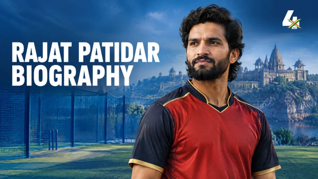 AI-generated editorial illustration of Rajat Patidar for a biography guide.