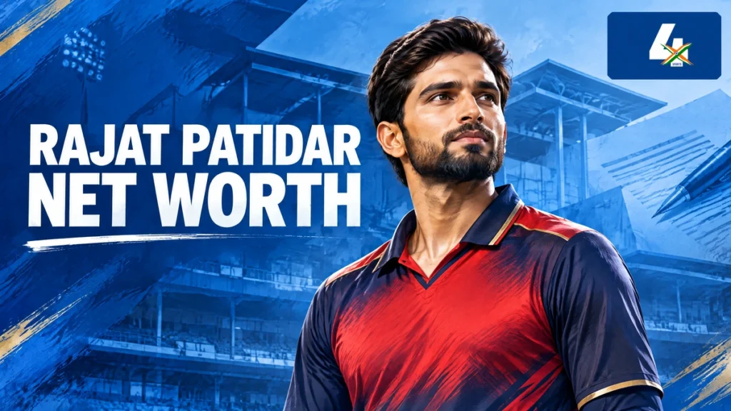 AI-generated editorial illustration of Rajat Patidar for a net-worth and IPL contract guide.