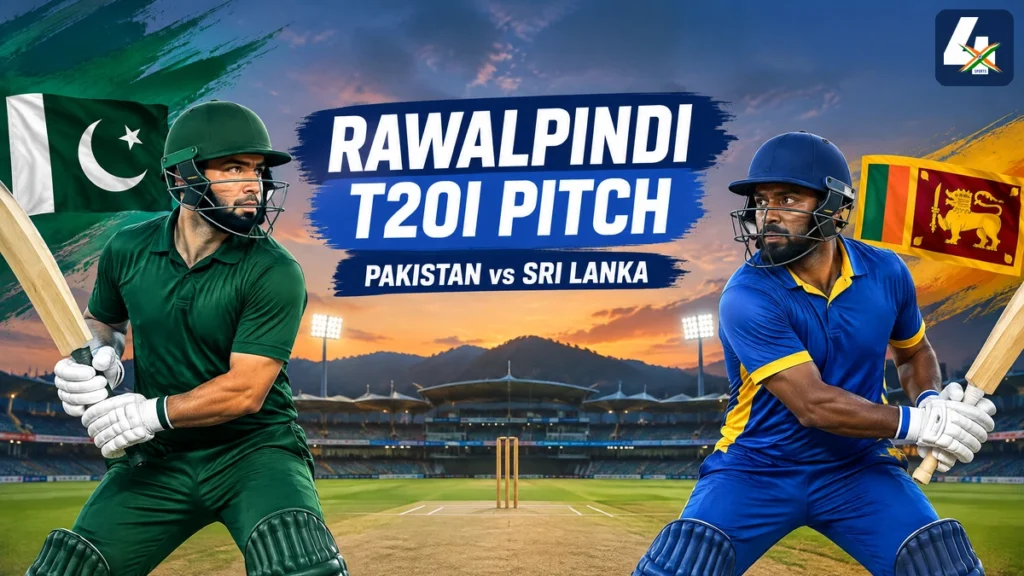 Illustrated Rawalpindi T20I pitch preview for Pakistan vs Sri Lanka, with national flags and the exact 4xSports mark; not a match photograph.