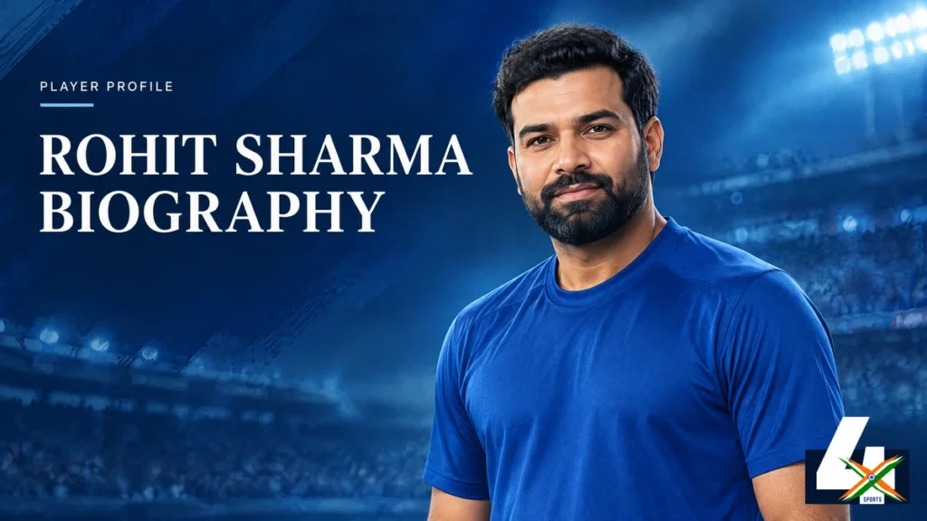 4xSports original editorial illustration of Rohit Sharma for his biography; not a documentary photograph.