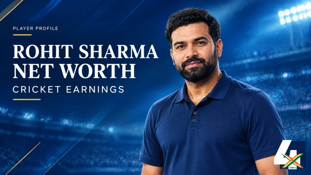 4xSports original editorial illustration of Rohit Sharma for his net-worth and cricket earnings article; not a documentary photograph.