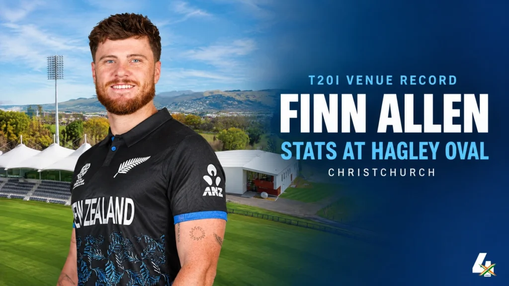 Finn Allen stats at Hagley Oval, Christchurch, with a profile-pose portrait and pavilion background