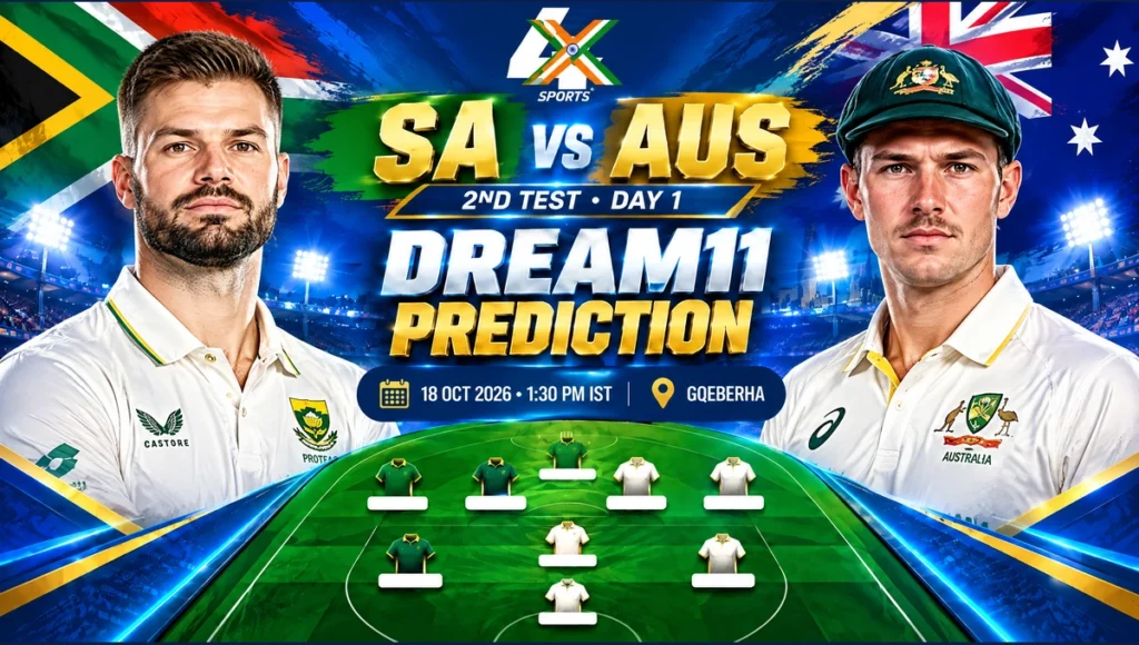 SA vs AUS Dream11 Prediction — 2nd Test, Day 1, Gqeberha, 2026-10-18. Promotional cricket illustration.