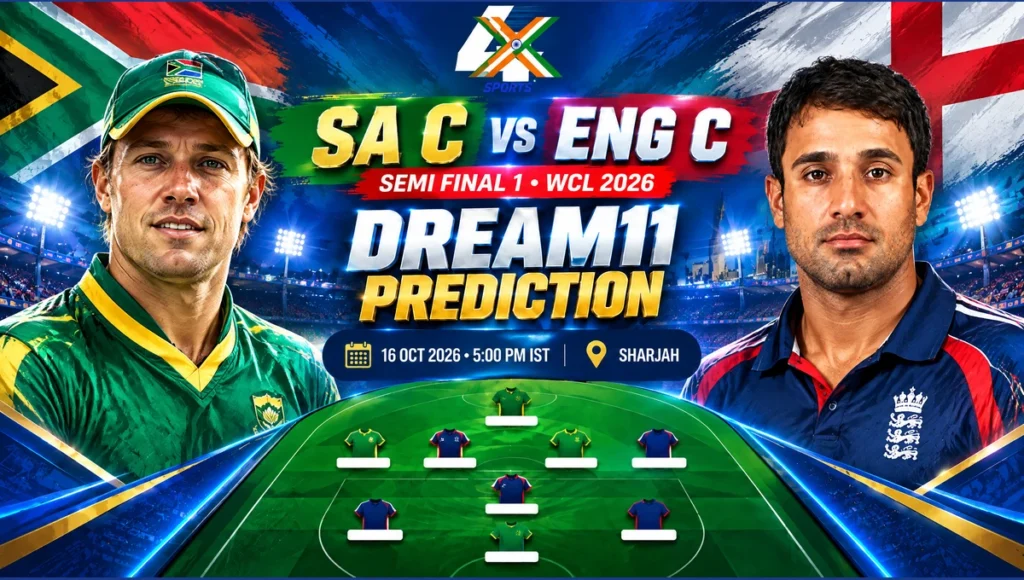 SA C vs ENG C Dream11 Prediction Today Match Semi Final 1: Playing XI, Pitch Report, Fantasy Cricket Tips, Dream11 Team Captain And Vice-Captain Choices – World Championship Of Legends, 2026 SA C vs ENG C Dream11 Prediction — Semi Final 1, Sharjah, 2026-10-16. Promotional cricket illustration.