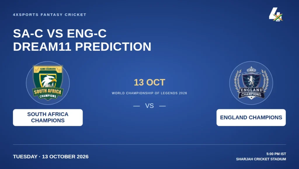 4xSports graphic for South Africa Champions vs England Champions at Sharjah on 13 October 2026, 5:00 PM IST