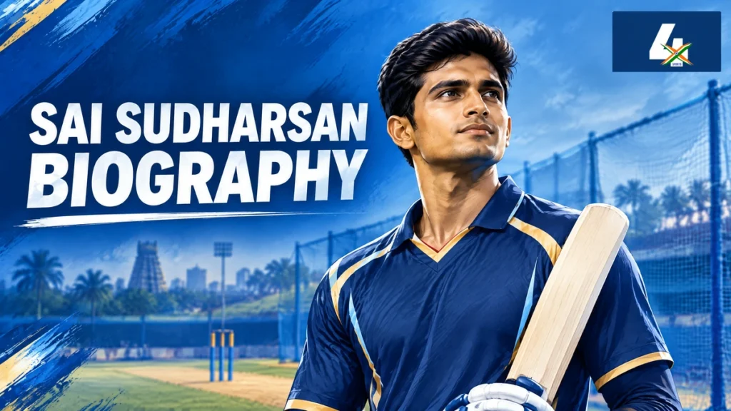 AI-generated editorial illustration of Sai Sudharsan for a biography guide.