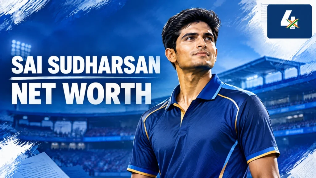 AI-generated editorial illustration of Sai Sudharsan for a net-worth and IPL contract guide.