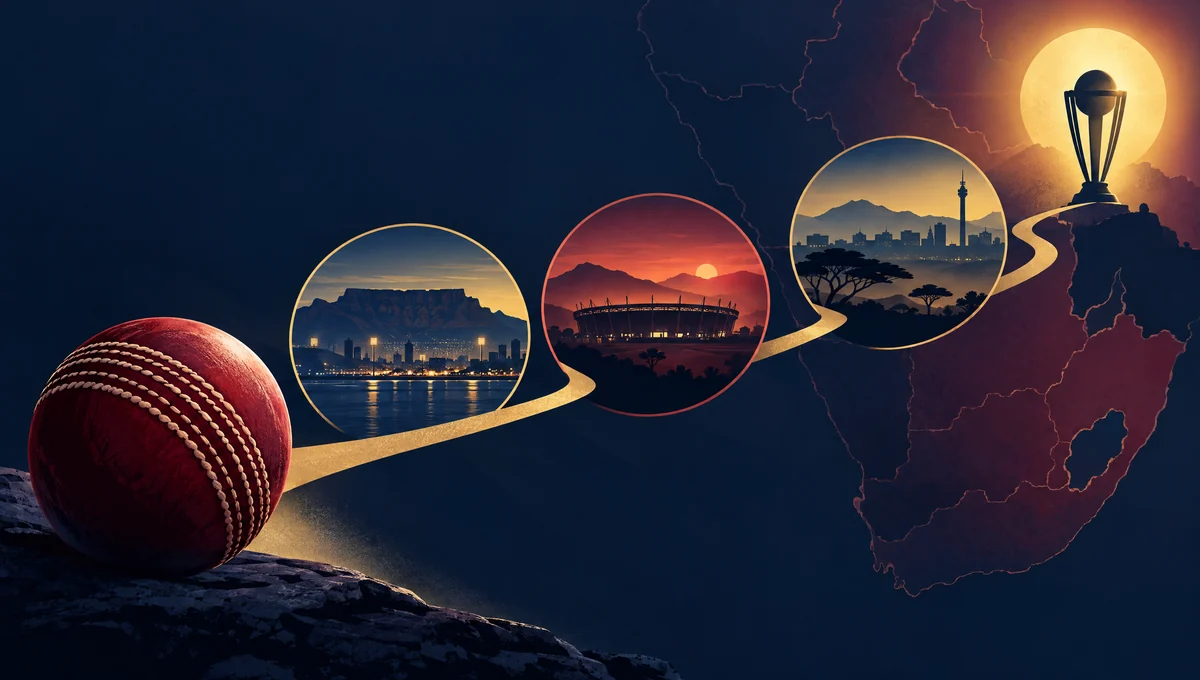 Editorial illustration of the 2027 Cricket World Cup path from groups to final