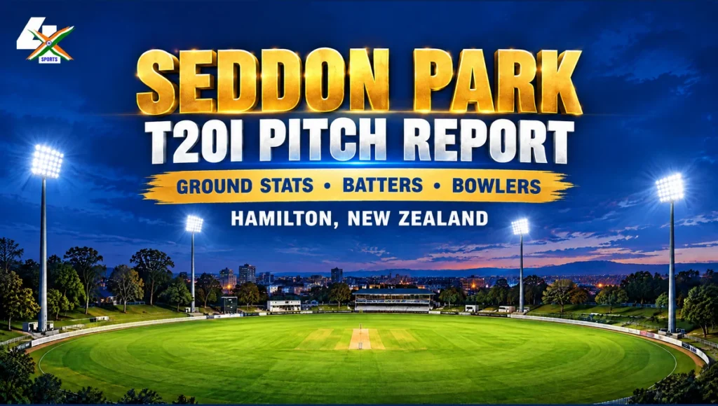 Seddon Park T20I Pitch Report — AI editorial stadium illustration.