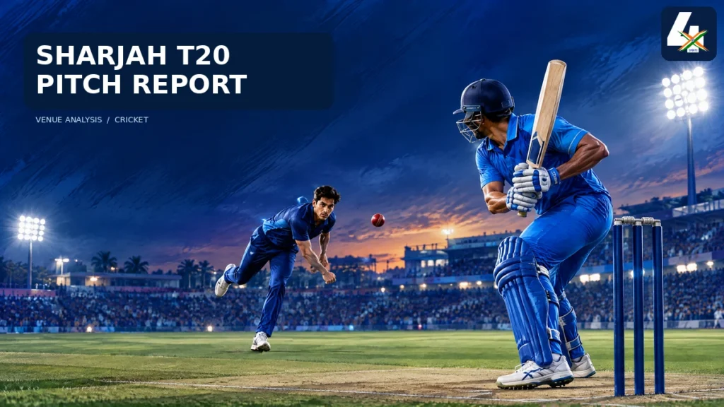 Editorial illustration of a batter facing a bowler at a floodlit cricket ground for the Sharjah T20 pitch report; not a photograph of a specific match.