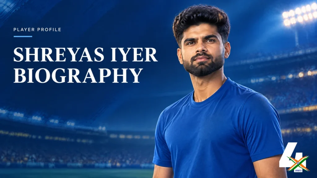 4xSports original editorial illustration of Shreyas Iyer for his biography; not a documentary photograph.