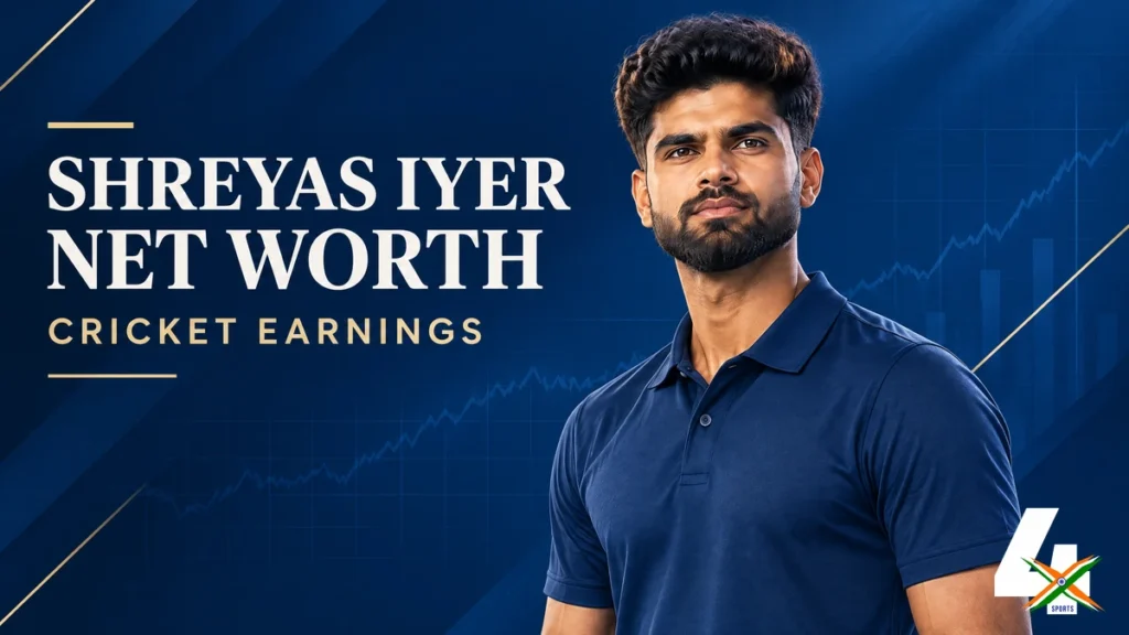 4xSports original editorial illustration of Shreyas Iyer for his net-worth and cricket earnings article; not a documentary photograph.