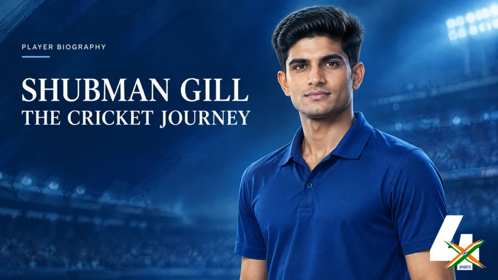 4xSports editorial illustration of Shubman Gill for his cricket biography; not a documentary photograph.