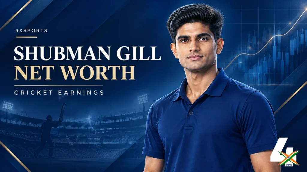 4xSports original editorial illustration of Shubman Gill for his net-worth and cricket earnings article; not a documentary photograph.