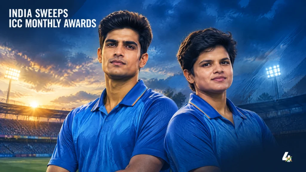 Editorial illustration of Shubman Gill and Shafali Verma for their ICC monthly awards