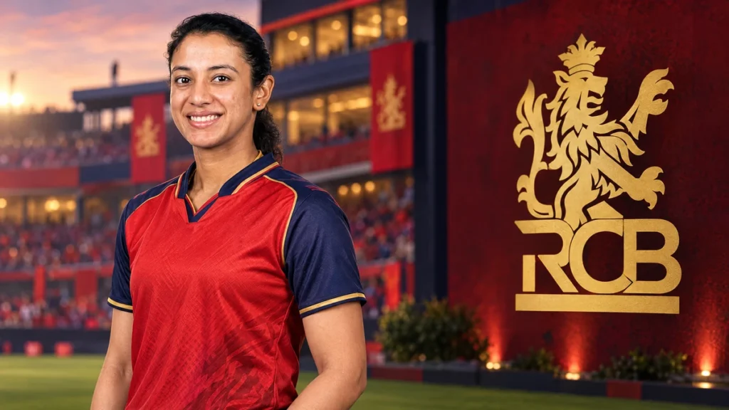 Smriti Mandhana on the left with the Royal Challengers Bengaluru logo on a unique team-colour cricket background.