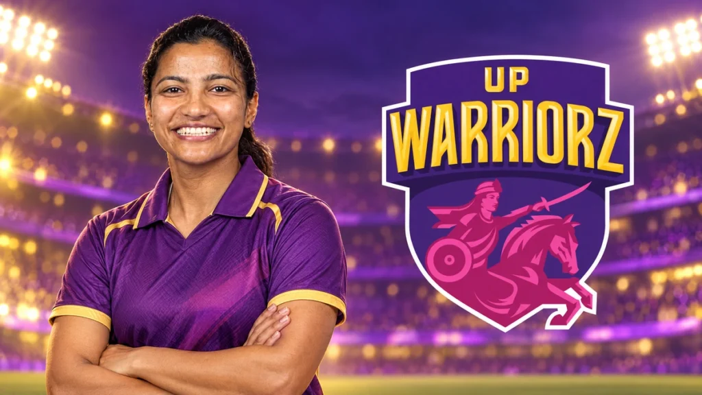 Sneh Rana on the left with the UP Warriorz logo against a team-colour cricket background.