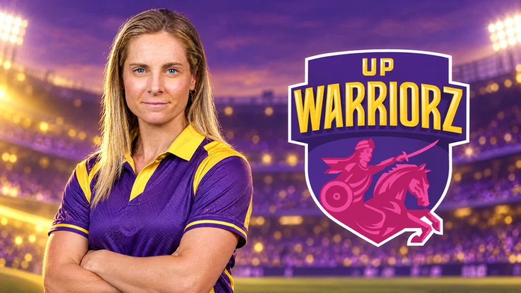 Sophie Molineux WPL Team, Salary, Career Stats and Records Sophie Molineux on the left with the UP Warriorz logo against a team-colour cricket background.