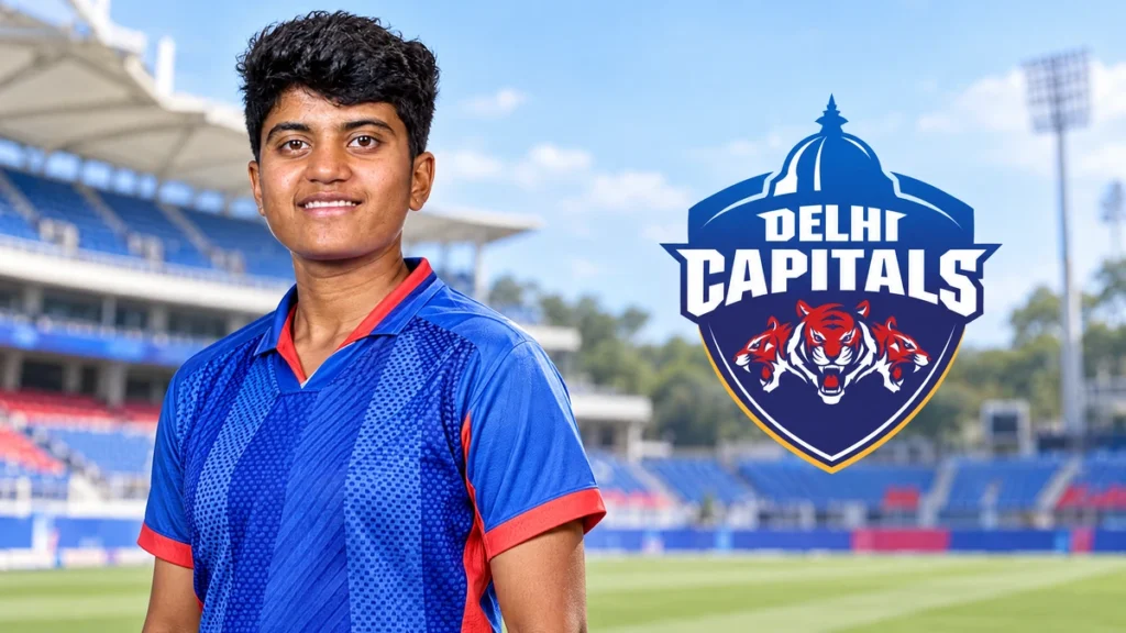 Sree Charani on the left with the Delhi Capitals logo on a unique team-colour cricket background.