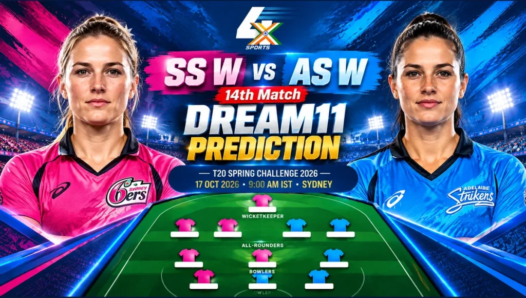 SS W vs AS W Dream11 Prediction — 14th, Sydney, 2026-10-17. Promotional cricket illustration.