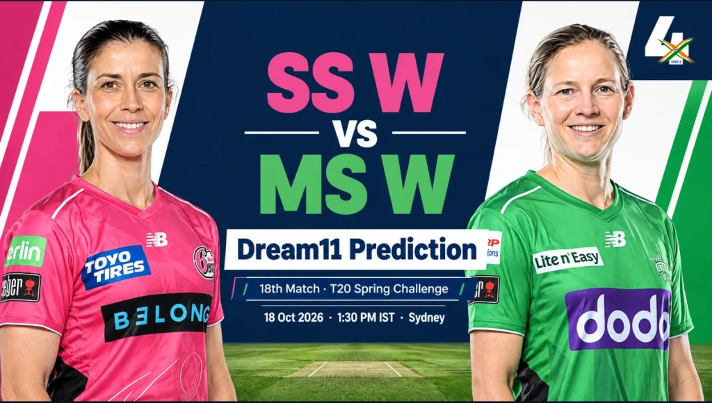 SS W vs MS W Dream11 Prediction — 18th, Sydney, 2026-10-18. AI-assisted editorial portraits of Erin Burns and Meg Lanning; not a match photograph.