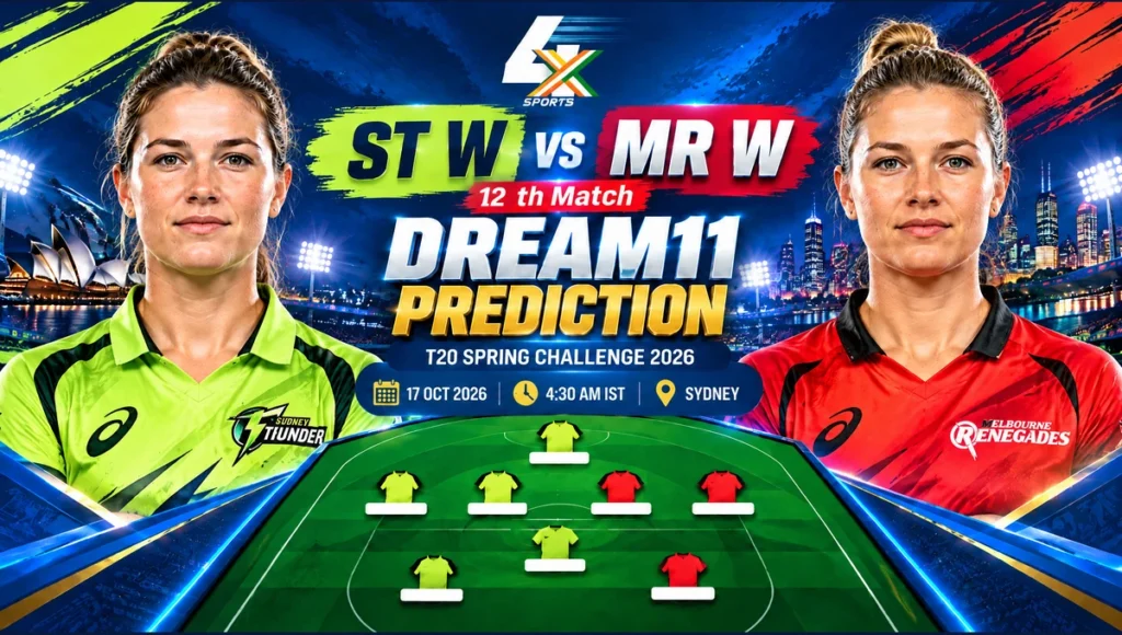 ST W vs MR W Dream11 Prediction — 12th, Sydney, 2026-10-17. Promotional cricket illustration.