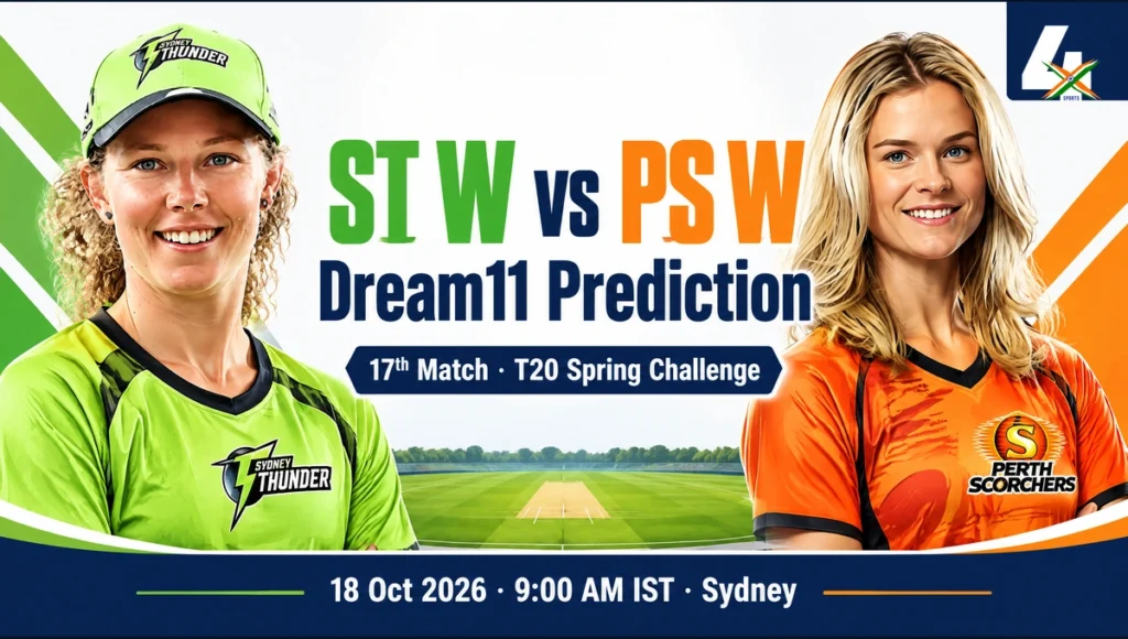 ST W vs PS W Dream11 Prediction Today Match 17th: Playing XI, Pitch Report, Fantasy Cricket Tips, Dream11 Team Captain And Vice-Captain Choices – T20 Spring Challenge, 2026 ST W vs PS W Dream11 Prediction — 17th, Sydney, 2026-10-18. AI-assisted editorial portraits of Samantha Bates and Katie Mack; not a match photograph.