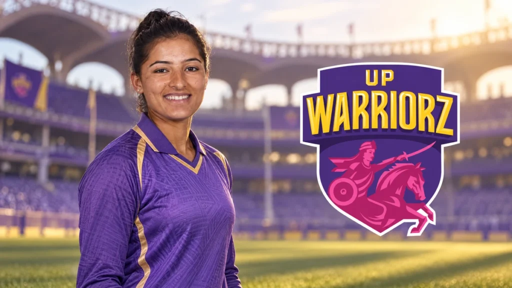 Sushma Verma on the left with the UP Warriorz logo on a unique team-colour cricket background.