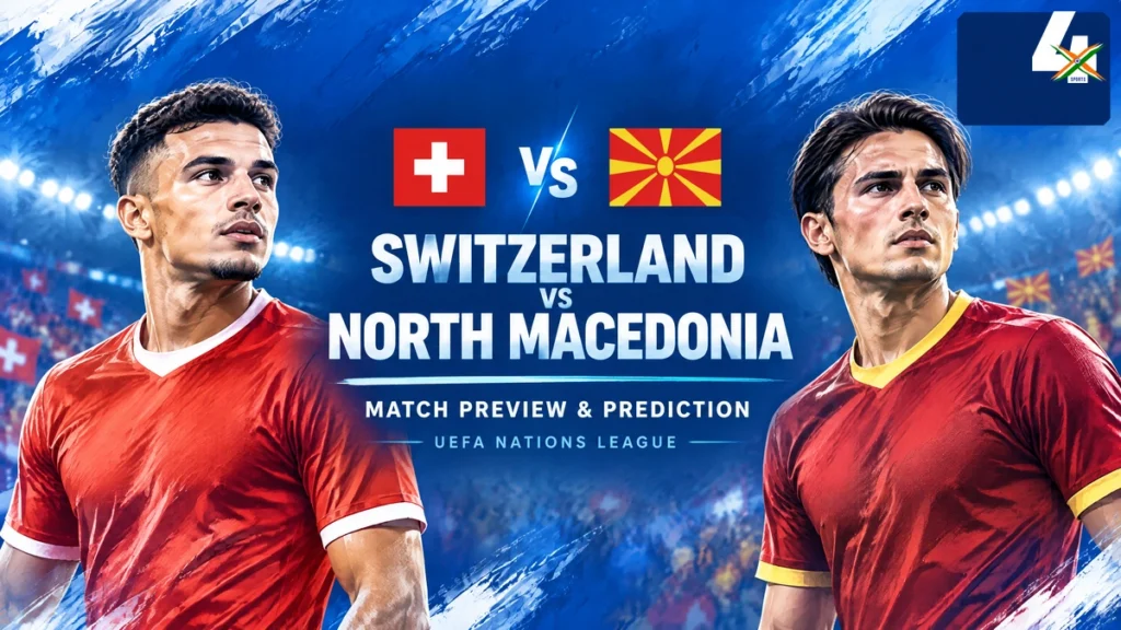 AI-generated editorial illustration for Switzerland vs North Macedonia football match preview, with national flags; not a photograph of the match.