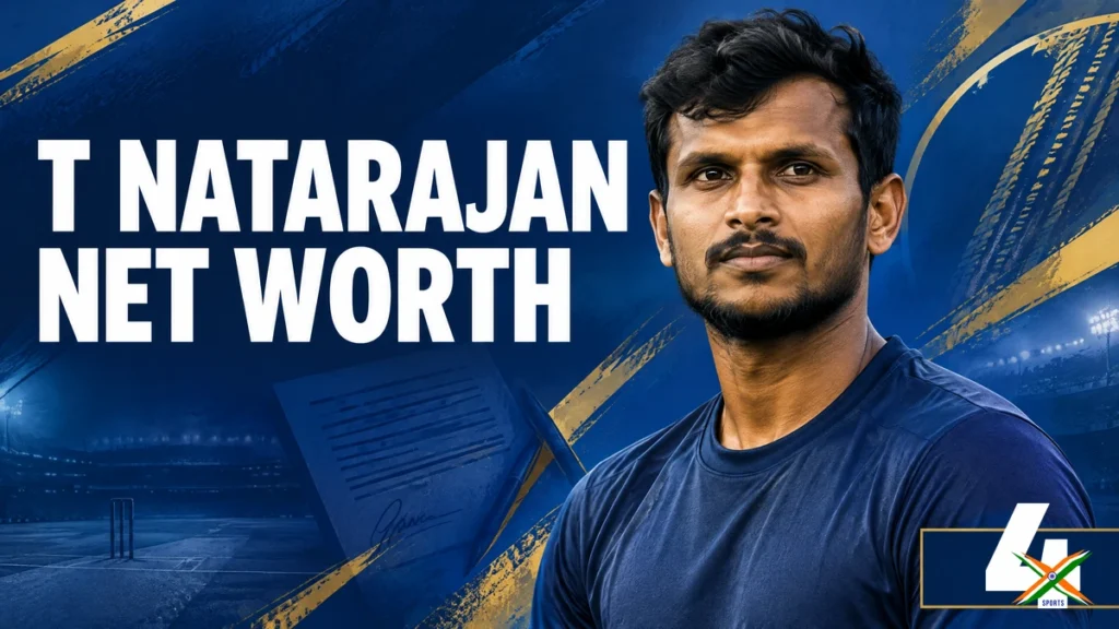 4xSports original editorial illustration of T Natarajan for his net worth article; not a documentary photograph.