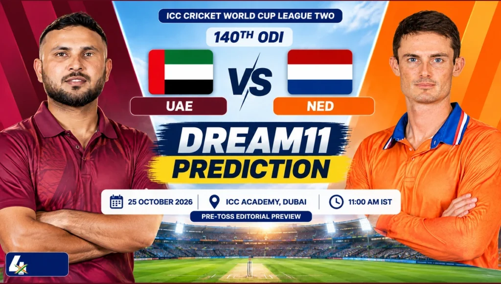 UAE vs NED Dream11 Prediction Today Match 140th ODI: Playing XI, Pitch Report, Fantasy Cricket Tips, Dream11 Team Captain And Vice-Captain Choices – ICC Cricket World Cup League Two 2023–27, 2026 UAE vs NED Dream11 Prediction cover for the 140th ODI. AI-assisted portraits of Rahul Chopra and Scott Edwards. Pre-toss editorial illustration.