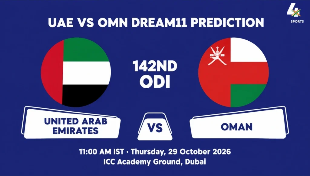 UAE vs OMN Dream11 Prediction Today Match 142nd ODI: Playing XI, Pitch Report, Fantasy Cricket Tips, Dream11 Team Captain And Vice-Captain Choices – ICC Cricket World Cup League Two 2023-27, 2026 UAE vs OMN Dream11 Prediction – Match 142 ODI blue preview graphic