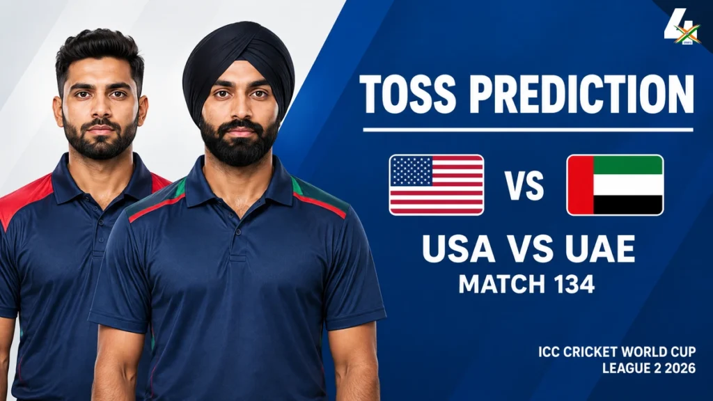 USA vs UAE Toss Prediction: Match 134, ICC CWC League 2 2026 AI-generated editorial captain illustrations of Monank Patel and Harpreet Singh Bhatia, facing forward on the left of a toss prediction graphic.