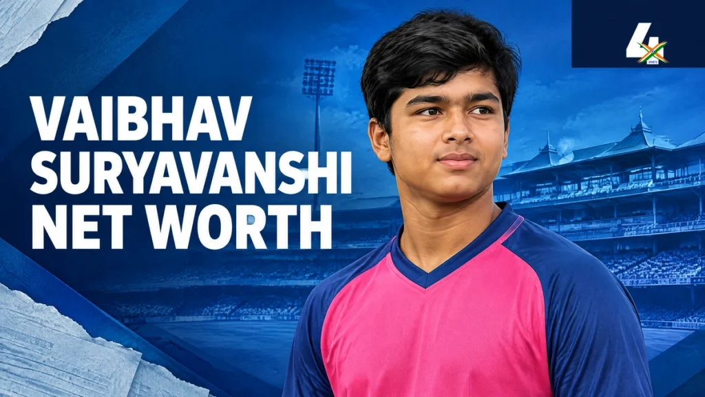 AI-generated editorial illustration of Vaibhav Suryavanshi for a net-worth and IPL contract guide.