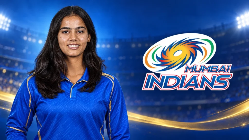Vaishnavi Sharma on the left with the Mumbai Indians logo on a blue team-colour background.