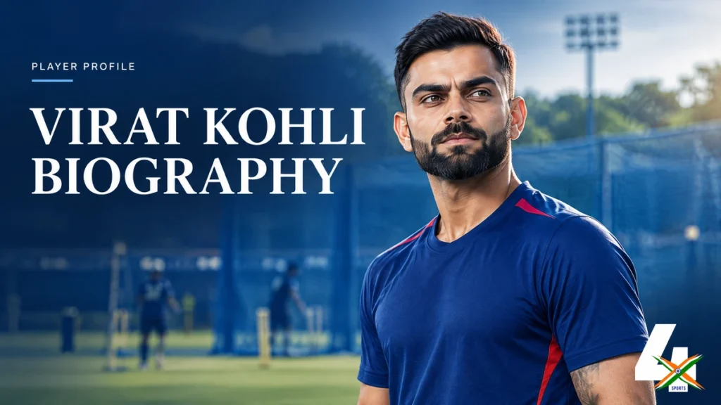 4xSports original editorial illustration of Virat Kohli for his biography; not a documentary photograph.