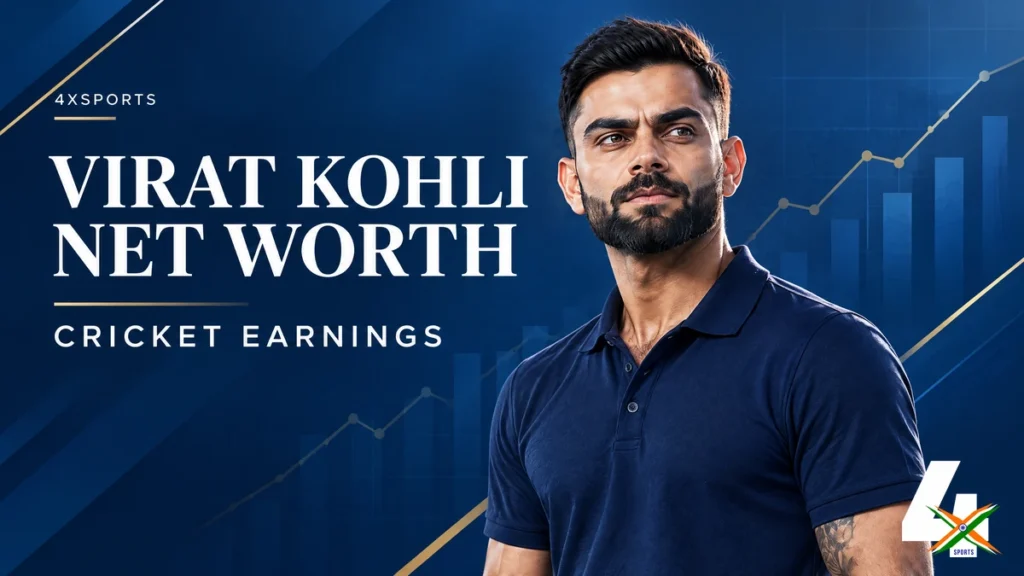 4xSports original editorial illustration of Virat Kohli for his net-worth and cricket earnings article; not a documentary photograph.
