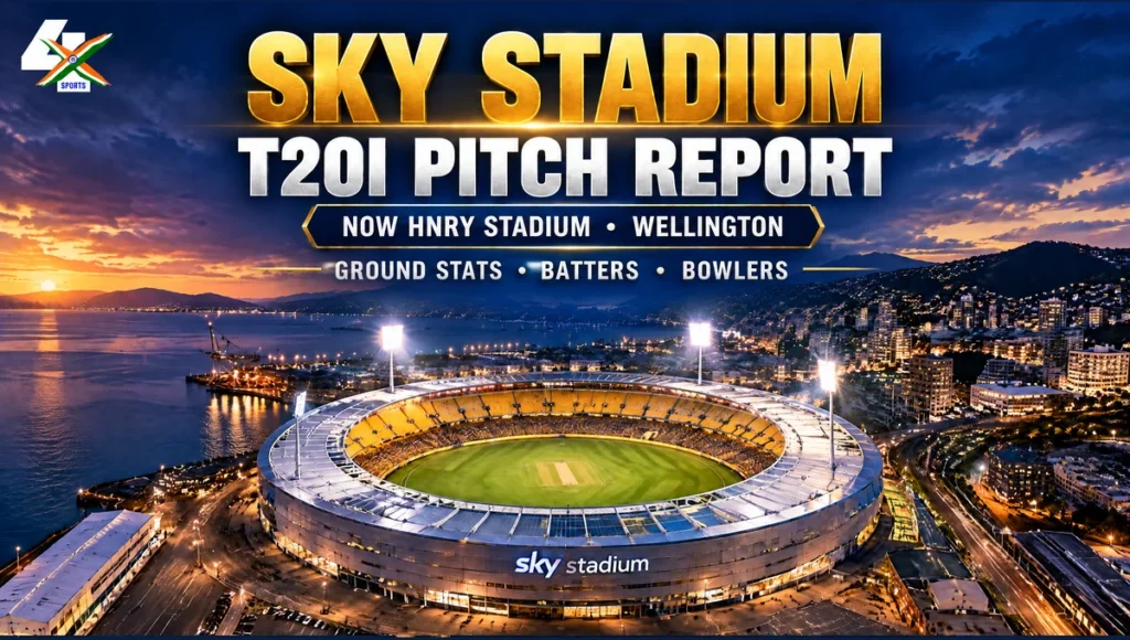 Sky Stadium T20I Pitch Report — AI editorial stadium illustration.