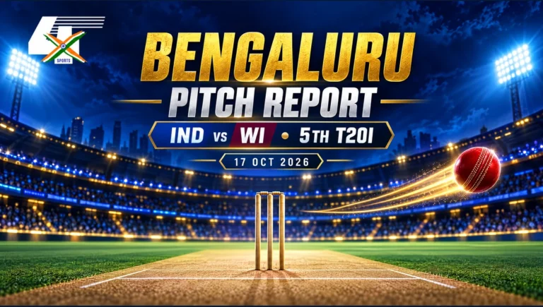 4xSports AI-assisted editorial cricket pitch illustration for Bengaluru India vs West Indies T20I