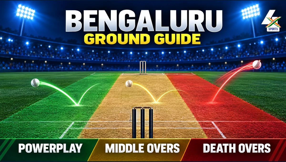 Bengaluru T20I pitch report: AI-assisted 4xSports editorial illustration for M. Chinnaswamy Stadium during India vs West Indies