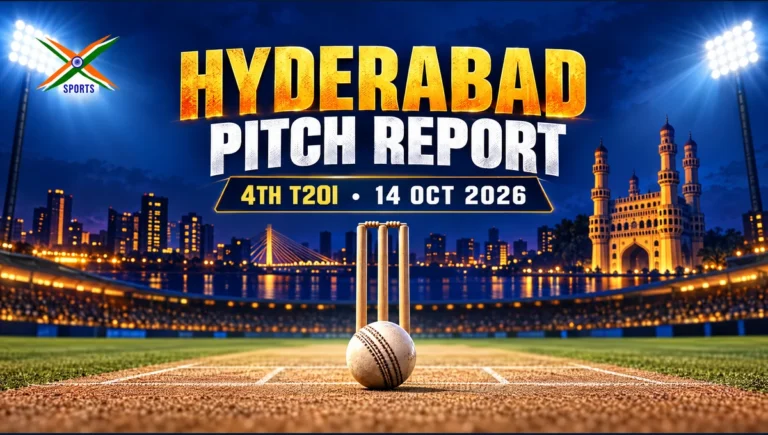 4xSports AI-assisted editorial cricket pitch illustration for Hyderabad India vs West Indies T20I