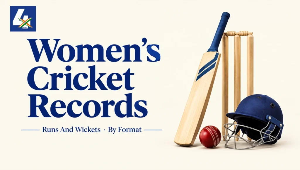 Women's Cricket Records: A cricket equipment editorial still-life representing runs and wickets by format — AI-assisted editorial illustration.